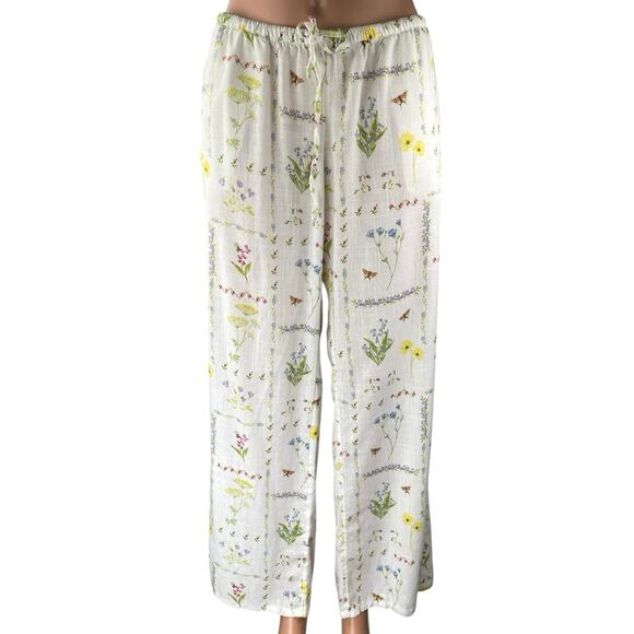 NEW H&M White Floral Linen Drawstring Baggy Wide Leg Trousers Pants Size L - Picture 1 of 5
